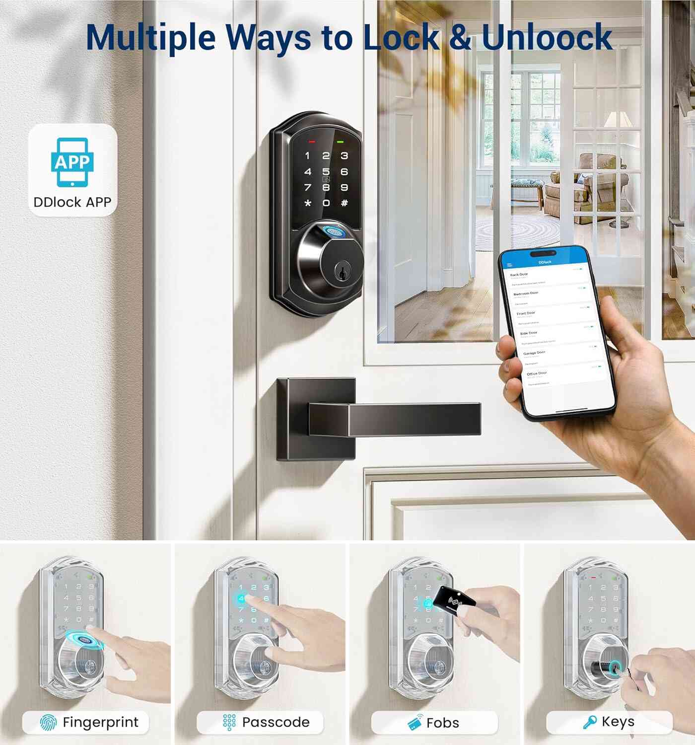 Veise Fingerprint Smart Locks for Front Door with 2 Lever Handle Set