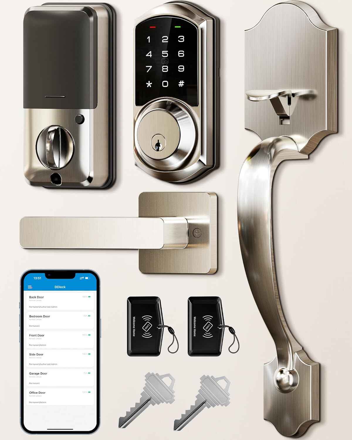 Veise Smart Front Door Lock Set, App Control, Keyless Entry Deadbolt with Lever Handle