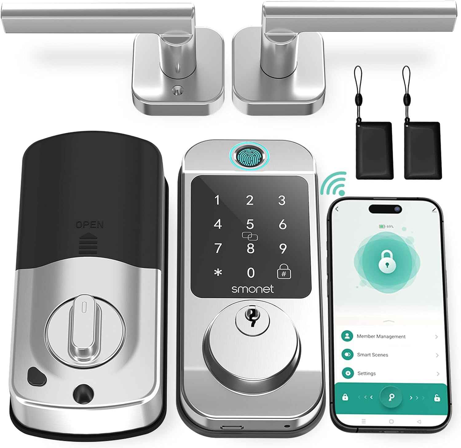 WiFi Door Lock with Handle Set - SMONET Fingerprint Smart Locks for Front Door