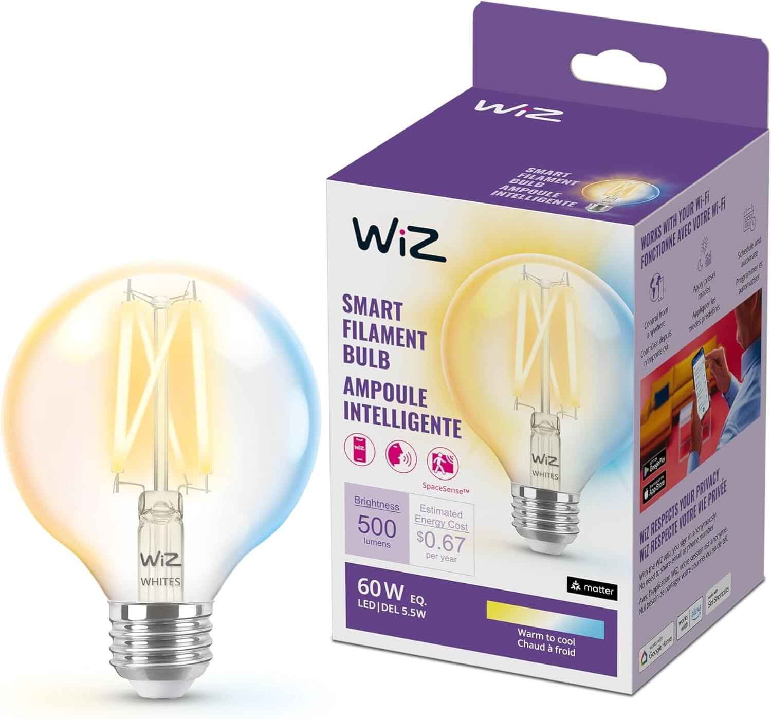 WiZ Connected 60W G25 Tunable White Filament LED Smart Light Bulbs