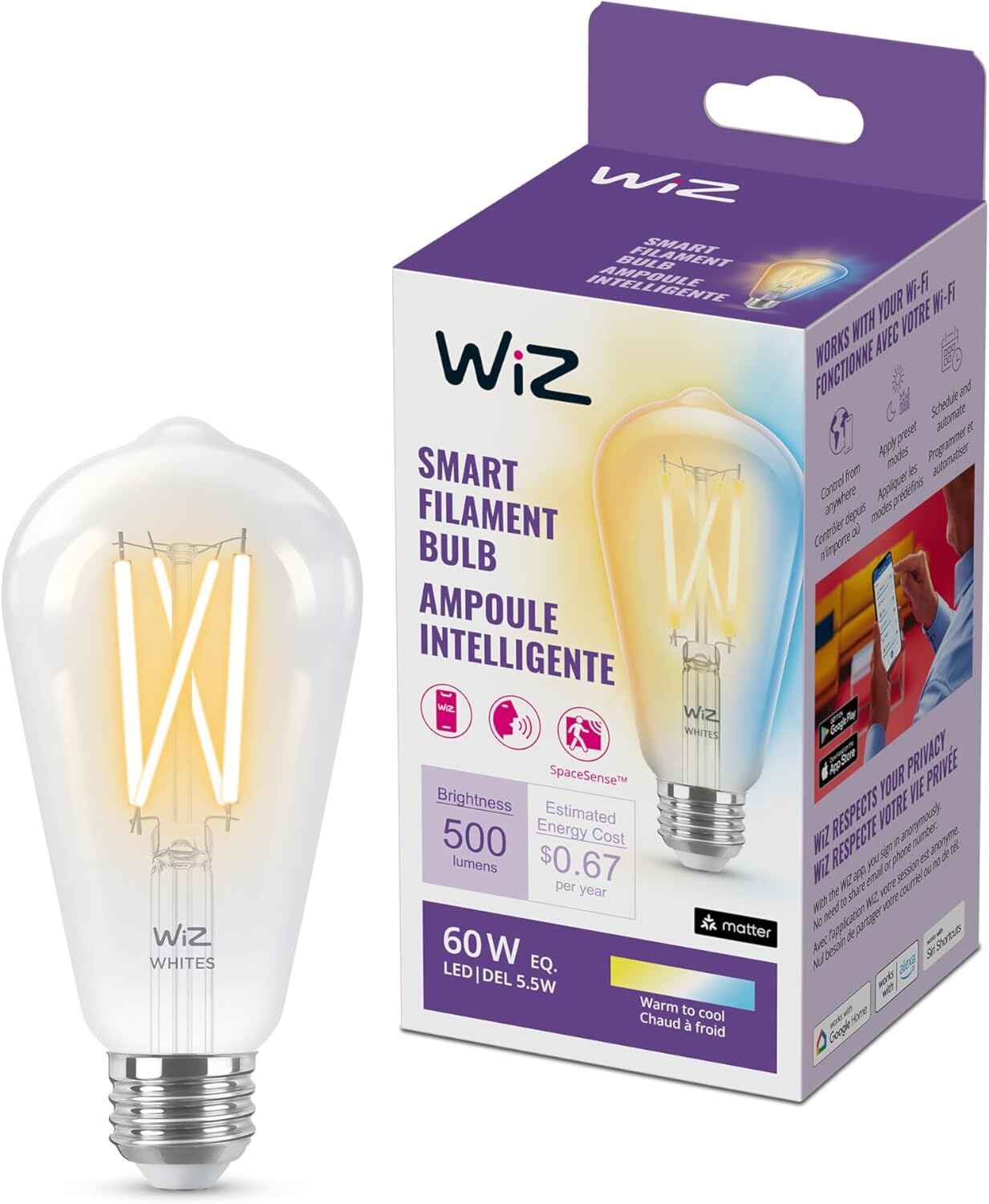 WiZ Connected 60W ST19 Tunable White Filament LED Smart